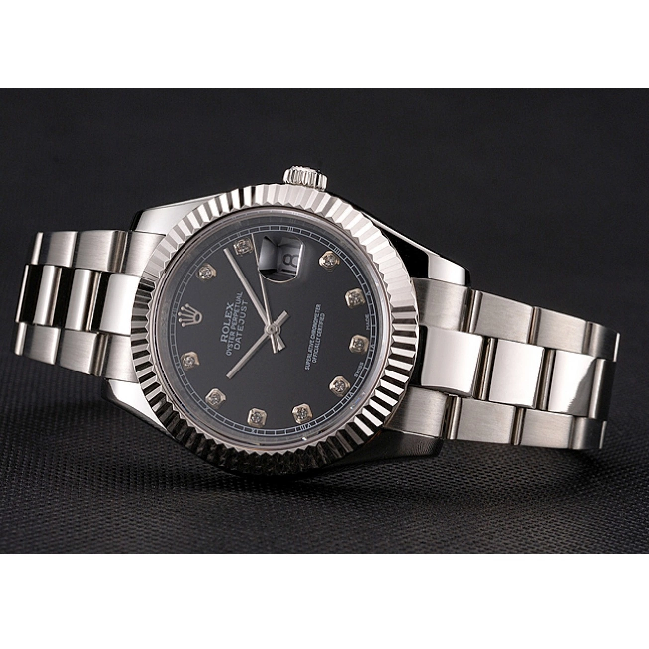 Best AAA Replica Sites Dimond Case Swiss Bracelet Hour Dial Datejust Rolex Marks Stainless Steel Black And 0802
